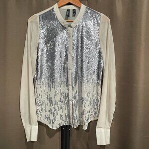 Women's BKE Boutique LARGE Sheer Cream/Silver Sequin Festive Button-Down Blouse